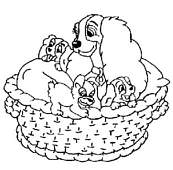 coloriage la belle et ses chiots dans le panier